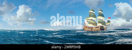 Majestic Sailing Ship embarquant pour un voyage à travers la haute mer sous les nuages de Cumulus Banque D'Images