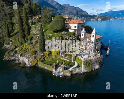 Vue aérienne de la péninsule de Villa Balbianello sur le lac de Côme Banque D'Images