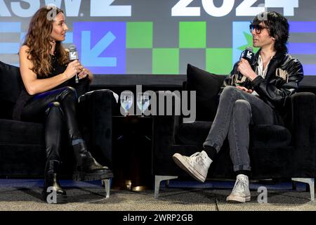 Austin, États-Unis. 13 mars 2024. Katie bain, Billboard, et Xavier de Rosnay, Justice, prennent la parole lors de la 'session vedette : Justice : en conversation' pendant South by Southwest 2024 à Austin, TX le mercredi 13 mars 2024. (Travis P Ball/Sipa USA) crédit : Sipa USA/Alamy Live News Banque D'Images