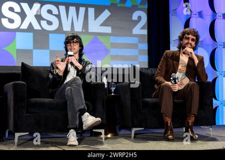 Austin, États-Unis. 13 mars 2024. Xavier de Rosnay et Gaspard Augé, de Justice, prennent la parole lors de la 'session vedette : Justice : en conversation' pendant South by Southwest 2024 à Austin, TX, mercredi 13 mars 2024. (Travis P Ball/Sipa USA) crédit : Sipa USA/Alamy Live News Banque D'Images