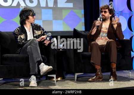 Austin, États-Unis. 13 mars 2024. Xavier de Rosnay et Gaspard Augé, de Justice, prennent la parole lors de la 'session vedette : Justice : en conversation' pendant South by Southwest 2024 à Austin, TX, mercredi 13 mars 2024. (Travis P Ball/Sipa USA) crédit : Sipa USA/Alamy Live News Banque D'Images
