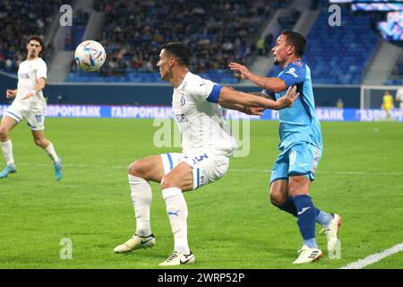 Saint-Pétersbourg, Russie. 13 mars 2024. Artur Victor Guimaraes, connu sous le nom d'Artur (9 ans) et Fabian Cornelio Balbuena Gonzalez (3 ans) du Dynamo de Zenit vu en action lors du match de football de la Coupe de Russie 2023/2024 entre le Zenit Saint-Pétersbourg et le Krylia Dynamo Moscou à Gazprom Arena. Score final ; Zenit 2:0 Dynamo. (Photo de Maksim Konstantinov/SOPA images/SIPA USA) crédit : SIPA USA/Alamy Live News Banque D'Images