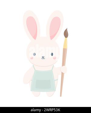 Lapin mignon dans un tablier tenant un pinceau isolé sur fond blanc. Personnage de dessin animé de Pâques, illustration vectorielle plate Illustration de Vecteur