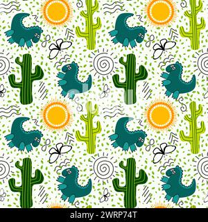Désert d'été sans couture animaux dinosaures cactus et motif de soleil pour l'emballage du papier et des tissus et des draps et des enfants impression et emballage festif et partie Banque D'Images