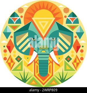 Vue avant du masque africain en forme de tête d'éléphant dans un style géométrique avec des couleurs chaudes. Image vectorielle Illustration de Vecteur