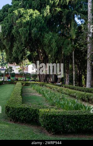 Vue sur les jardins de végétation verte du Palais impérial Petropolis dans le quartier Centro avec des touristes marchant sous l'après-midi d'été ciel bleu ensoleillé. Banque D'Images