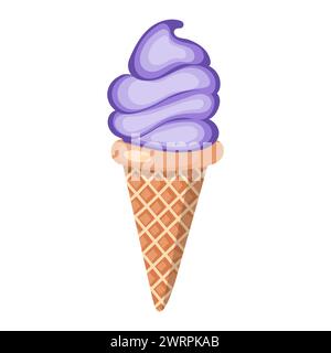 Crème glacée à la lavande. Trois boules de dessert sucré crémeux dans un cône de gaufre. Sorbet violet. Illustration vectorielle isolée sur blanc Illustration de Vecteur