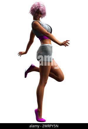Afro american Girl porte un short en denim d'été et gilet, illustration 3D. Banque D'Images