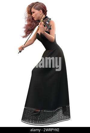 Joueuse de violon féminine en longue robe noire, illustration 3D. Banque D'Images