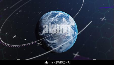 Image des icônes de média et de l'oscilloscope scannant au-dessus du globe Banque D'Images