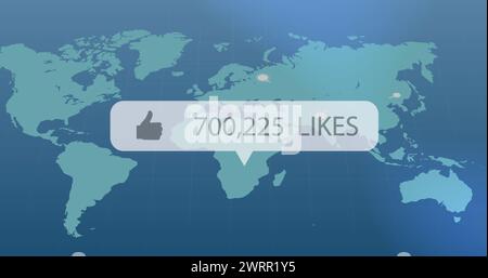 Bulle de parole avec icône pouces vers le haut avec des likes croissants contre des traînées de lumière se déplaçant sur la carte du monde Banque D'Images