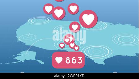 Icônes de coeur et de plus en plus aime contre les sentiers de lumière sur les cercles pulsatoires sur la carte du monde Banque D'Images