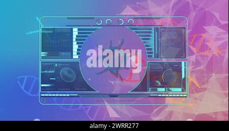 Image de la cellule covid 19 et du traitement des données sur écran numérique sur des brins d'adn en rotation Banque D'Images