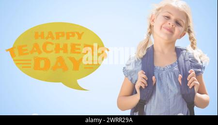 Image d'un texte de jour de professeur heureux sur une écolière caucasienne Banque D'Images
