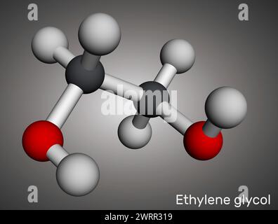 Éthylène glycol, molécule de diol. Utilisé pour la fabrication de fibres de polyester et pour les formulations antigel. Modèle moléculaire. Rendu 3D. Banque D'Images