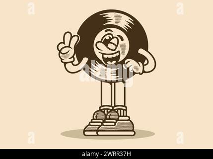 Illustration de personnage de mascotte d'un vinyle vintage avec la main formant symbole de paix Illustration de Vecteur