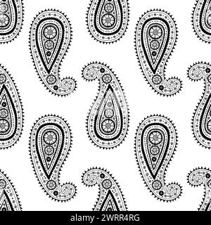 Modèle sans couture Monohcrome avec motifs Paisley sur fond blanc Illustration de Vecteur