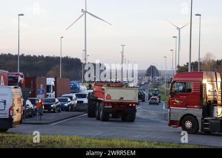 Gand, Belgique. 14 mars 2024. Un tracteur avec remorque est vu lors d'une manifestation d'agriculteurs bloquant l'entrée des camions au port de Gand, le jeudi 14 mars 2024. Deux associations indépendantes de jeunes agriculteurs continuent de protester contre les règles strictes en matière d'azote pour les agriculteurs. En bloquant les ports, les agriculteurs veulent souligner que c’est principalement l’industrie qui émet de l’azote, et non l’agriculture. BELGA PHOTO NICOLAS MAETERLINCK crédit : Belga News Agency/Alamy Live News Banque D'Images