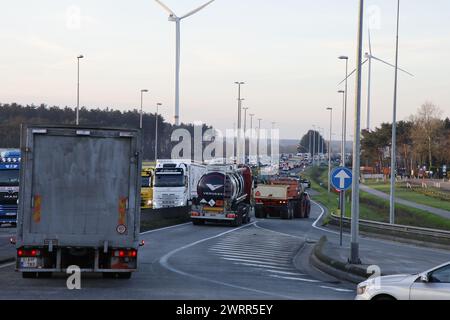 Gand, Belgique. 14 mars 2024. Des voitures et des camions sont bloqués dans de lourds embouteillages, lors d'une manifestation d'agriculteurs bloquant l'entrée des camions au port de Gand, jeudi 14 mars 2024. Deux associations indépendantes de jeunes agriculteurs continuent de protester contre les règles strictes en matière d'azote pour les agriculteurs. En bloquant les ports, les agriculteurs veulent souligner que c’est principalement l’industrie qui émet de l’azote, et non l’agriculture. BELGA PHOTO NICOLAS MAETERLINCK crédit : Belga News Agency/Alamy Live News Banque D'Images