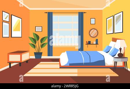 Design plat de chambre à coucher avec fenêtre de meubles de lit et plante dans l'hôtel Illustration de Vecteur