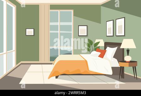 Design plat de chambre à coucher avec fenêtre de meubles de lit et plante dans l'hôtel Illustration de Vecteur