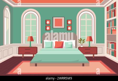 Design plat de chambre avec fenêtre de meubles de lit dans Fancy House Illustration de Vecteur