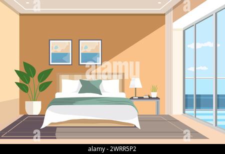 Design plat de chambre à coucher avec fenêtre de meubles de lit et plante dans l'hôtel Illustration de Vecteur