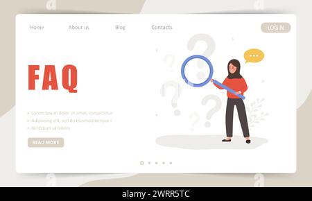 Concept FAQ. Modèle de page d'arrivée. Femme arabe avec loupe recherche de réponses. Service d'assistance en ligne. Foire aux questions. Vecteur Illustration de Vecteur