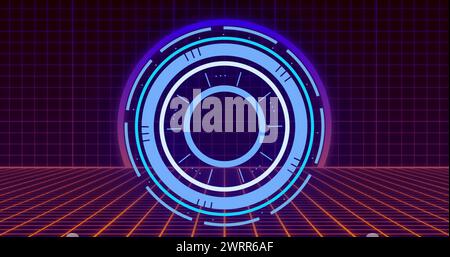 Image de l'oscilloscope scannant sur une grille violette en arrière-plan Banque D'Images