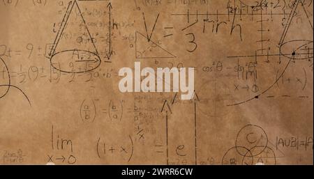 Les équations mathématiques et les figures s'animent sur un fond marron pour un thème de rentrée scolaire 4K. Banque D'Images