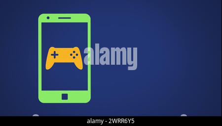 L'image du contrôleur de jeu rebondit sur l'écran du téléphone avec du jaune et du vert sur bleu foncé en 4K. Banque D'Images