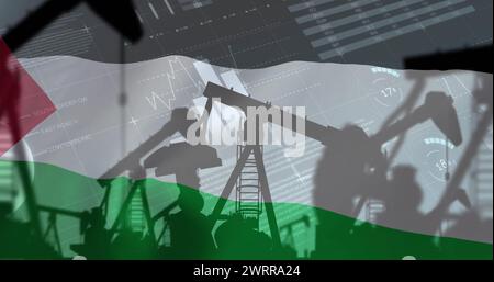 Image de plates-formes pétrolières et de traitement des données financières sur le drapeau de la palestine Banque D'Images