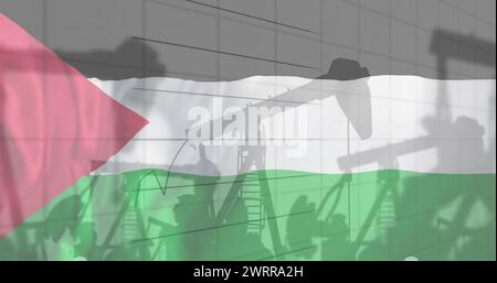 Image de plates-formes pétrolières et de traitement des données financières sur le drapeau de la palestine Banque D'Images