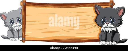 Deux adorables chatons assis à côté d'un panneau Illustration de Vecteur