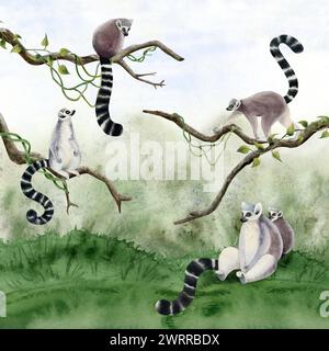 Singes lémuriens sur les branches et l'herbe dans l'illustration aquarelle de scène de jungle. Animaux réalistes de la forêt tropicale africaine Banque D'Images