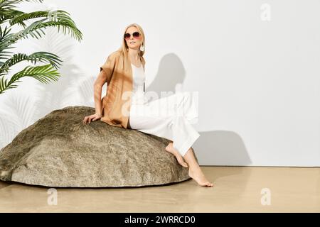 Femme élégante dans une tenue blanche se trouve gracieusement sur un grand rocher à l'intérieur d'une pièce bien éclairée remplie de plantes vertes luxuriantes, créant une atmosphère sereine Banque D'Images