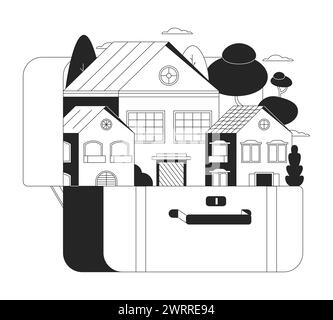 Ville d'emballage dans la valise noir et blanc concept d'illustration 2D. Illustration de Vecteur