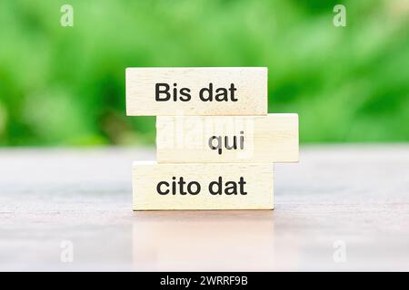 Bis dat qui cito dat il est traduit du latin comme celui qui donne deux fois est celui qui donne rapidement écrit sur des blocs de bois Banque D'Images