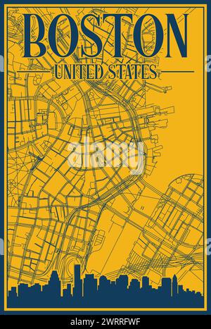 Le réseau routier de la ville dessiné à la main et affiche d'horizon du centre-VILLE DE BOSTON, ÉTATS-UNIS D'AMÉRIQUE Illustration de Vecteur