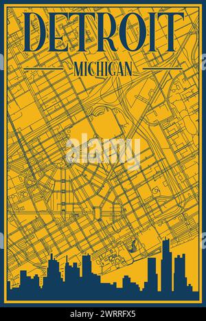Réseau routier urbain dessiné à la main et affiche d'horizon du centre-VILLE DE DETROIT, ÉTATS-UNIS D'AMÉRIQUE Illustration de Vecteur