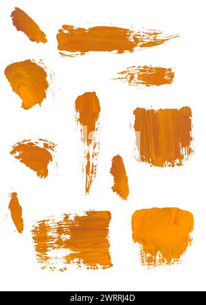 Set collection de brosses à rayures orange-brun en mouvement sur fond blanc isolé. Pinceau à encre abstrait coups grunge Banque D'Images