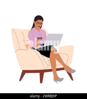 Femme d'affaires assise sur un fauteuil avec ordinateur portable. Illustration de Vecteur