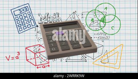 Image de la calculatrice en mouvement et dessins mathématiques sur fond blanc Banque D'Images