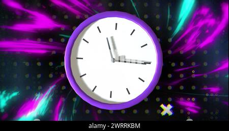 Image de mouvement d'horloge et traînées violettes sur fond noir Banque D'Images