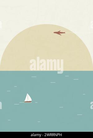 Paysage du matin avec illustration vectorielle de la mer et du navire. Avion volant dans le ciel. Voilier proche du bord de mer texturé Imprimé bébé, imprimé d'art pour Illustration de Vecteur