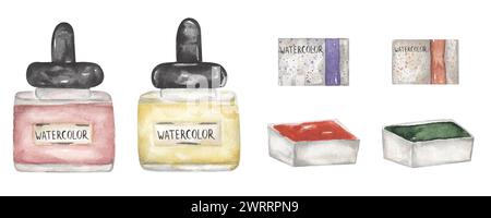 Outils d'art dessinés à la main icônes de peinture d'aquarelle dessinées à la main. Palette artistique avec illustration d'aquarelles. Le clipart de l'équipement de la personne créative Banque D'Images