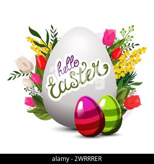 Cadre d'oeuf blanc de vecteur avec texte Hello Easter et avec des feuilles vertes, mimosa et tulipes sur fond. Illustration dans un style plat avec rouge et vert par exemple Illustration de Vecteur