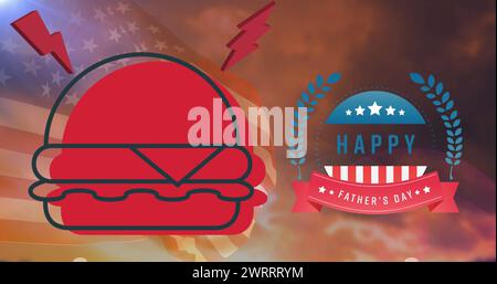 Image du texte heureux de fête des pères avec des éléments de drapeau américain, et hamburger rouge Banque D'Images