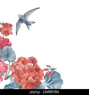 Composition avec des branches et des fleurs de géranium, oiseau. Modèle d'illustration d'aquarelle dessiné à la main Banque D'Images