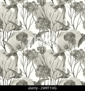 Swifts oiseaux, fleurs de géranium et branches d'arbre fond d'aquarelle. Motif dessiné à la main. Banque D'Images